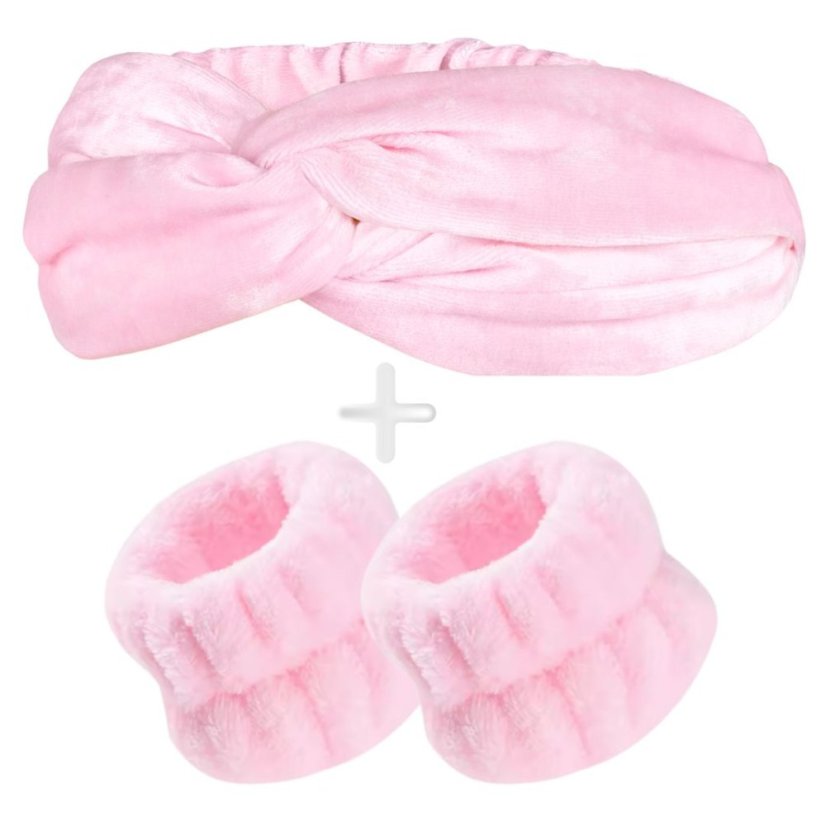 Sada kosmetické čelenky a náramků na mytí obličeje - růžová