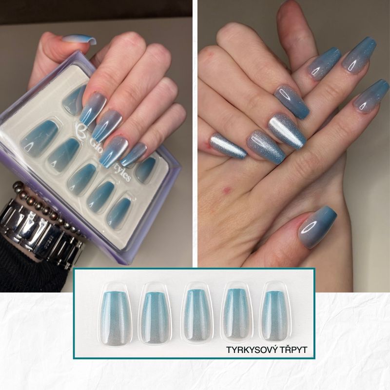 GloryStyles Nalepovací nehty - tyrkysový třpyt - 30 ks